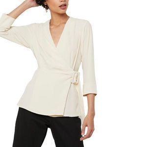 TOPSHOP Cream Belted Wrap Top Plunge Neck Size 6 S
